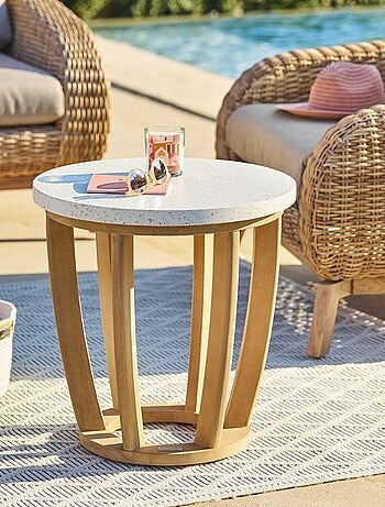 Table de jardin d'appoint ronde en bois et béton LEMINDO