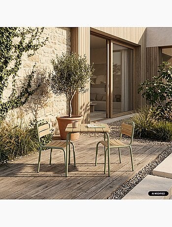 Table de jardin enfant acier et décor bois + 2 assises