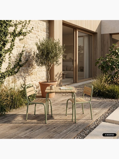 Table de jardin enfant acier et décor bois + 2 assises - Kiabi Table de jardin enfant acier et décor bois + 2 assises - Kiabi