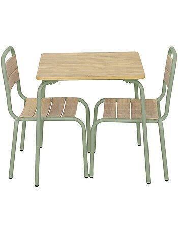 Table de jardin enfant acier et décor bois + 2 assises