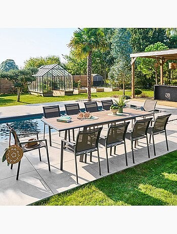 Table de jardin extensible 10 places en aluminium et verre effet bois PAVANE