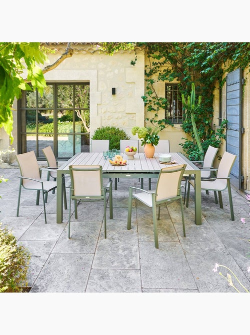 Table de jardin extensible carrée 10 places en aluminium effet bois ÉVASION - Kiabi Table de jardin extensible carrée 10 places en aluminium effet bois ÉVASION - Kiabi