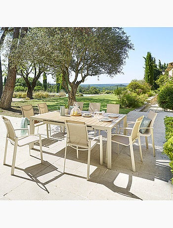 Table de jardin extensible carrée 10 places en aluminium effet bois ÉVASION