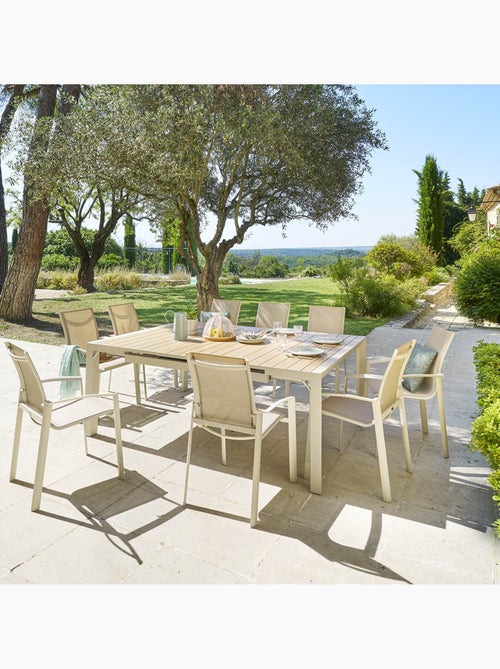 Table de jardin extensible carrée 10 places en aluminium effet bois ÉVASION - Kiabi Table de jardin extensible carrée 10 places en aluminium effet bois ÉVASION - Kiabi