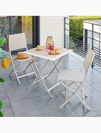 Table de jardin pliable 2 places en aluminium et verre effet bois AZUA