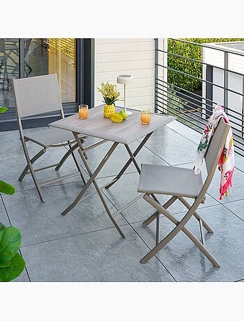 Table de jardin pliable 2 places en aluminium et verre effet bois AZUA
