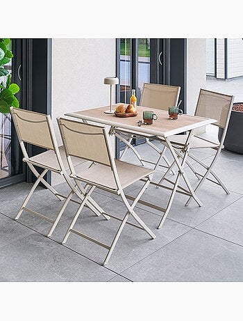 Table de jardin pliable 4 places en aluminium et verre effet bois AZUA