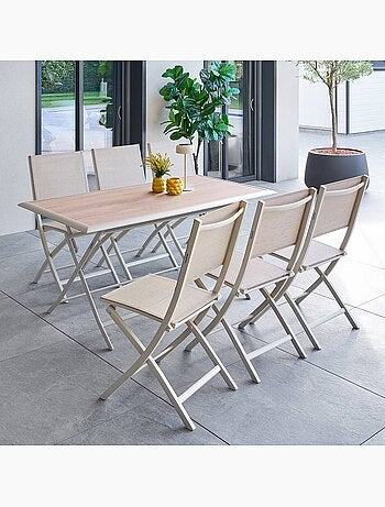 Table de jardin pliable 6 places en aluminium et verre effet bois AZUA