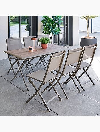 Table de jardin pliable 6 places en aluminium et verre effet bois AZUA