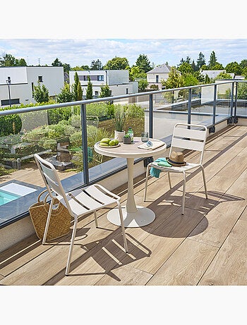 Table de jardin ronde 2 places en acier effet bois ovialon