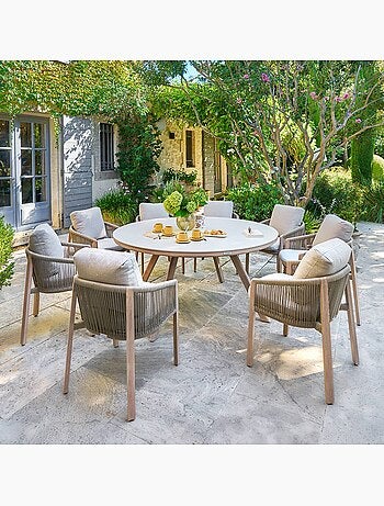 Table de jardin ronde 8 places en pierre sintérisée NELORA