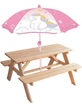 Table en Bois pour Pique-Nique avec Parasol Licorne