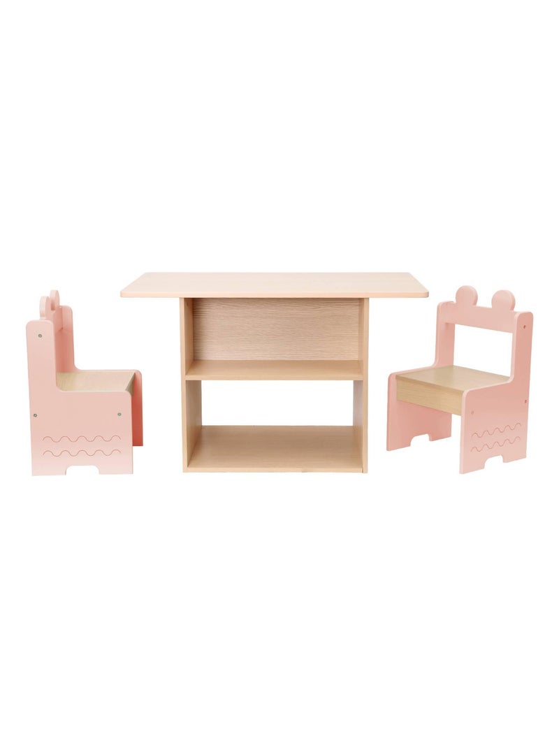 Table enfant décor bois 1 étagère 2 chaises Azur Rose - Kiabi