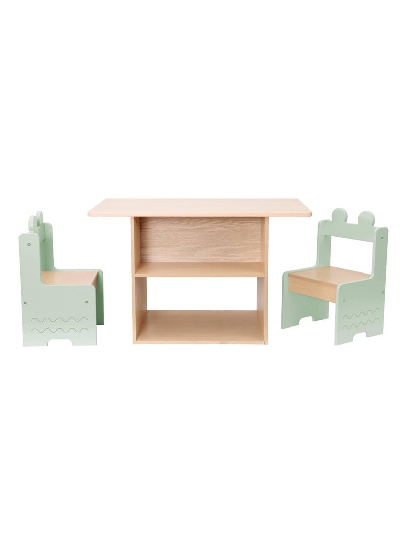 Table enfant décor bois 1 étagère 2 chaises Azur Vert - Kiabi