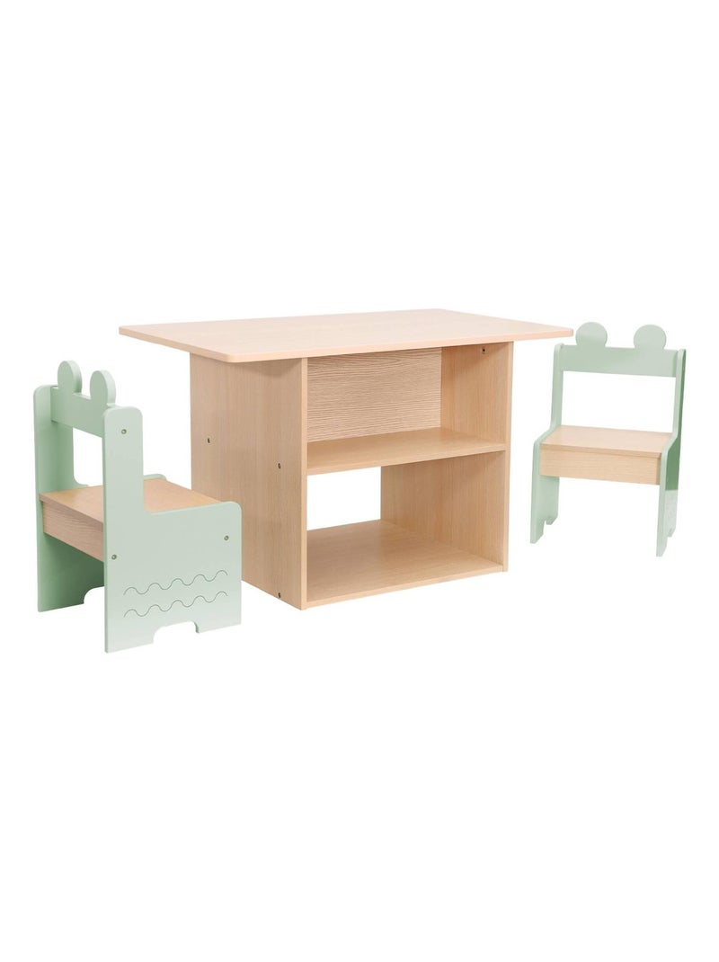 Table enfant décor bois 1 étagère 2 chaises Azur Vert - Kiabi