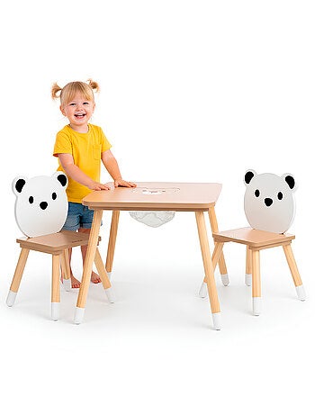 Table et 2 chaises enfant bois avec rangement 67x67 Mamabrum