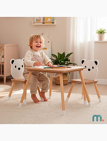 Table et 2 chaises enfant bois avec rangement 67x67 Mamabrum