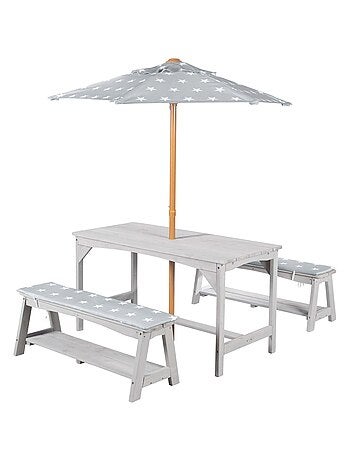 Table et bancs de jardin pour enfants avec parasol et 2 coussins 'Roba outdoor+'