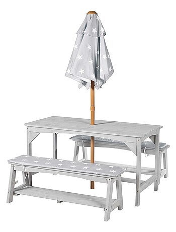 Table et bancs de jardin pour enfants avec parasol et 2 coussins 'Roba outdoor+'