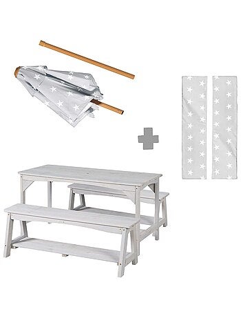 Table et bancs de jardin pour enfants avec parasol et 2 coussins 'Roba outdoor+'