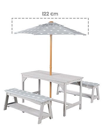Table et bancs de jardin pour enfants avec parasol et 2 coussins 'Roba outdoor+'