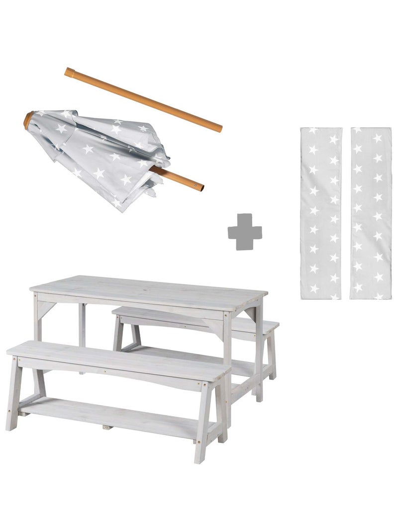 Table et bancs de jardin pour enfants avec parasol et 2 coussins 'Roba outdoor+' Gris - Kiabi