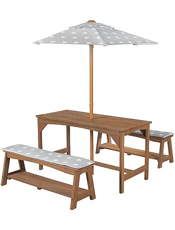 Table et bancs de jardin pour enfants avec parasol et 2 coussins 'Roba outdoor+'