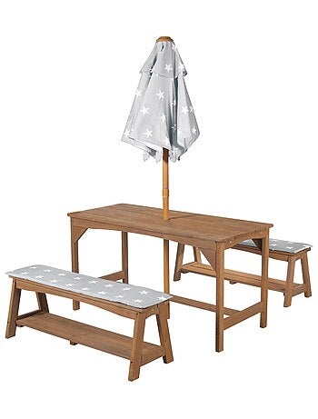 Table et bancs de jardin pour enfants avec parasol et 2 coussins 'Roba outdoor+'