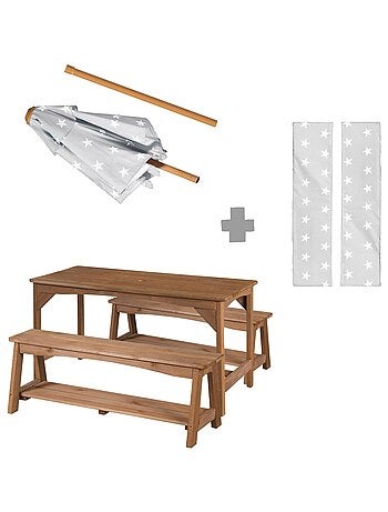 Table et bancs de jardin pour enfants avec parasol et 2 coussins 'Roba outdoor+'