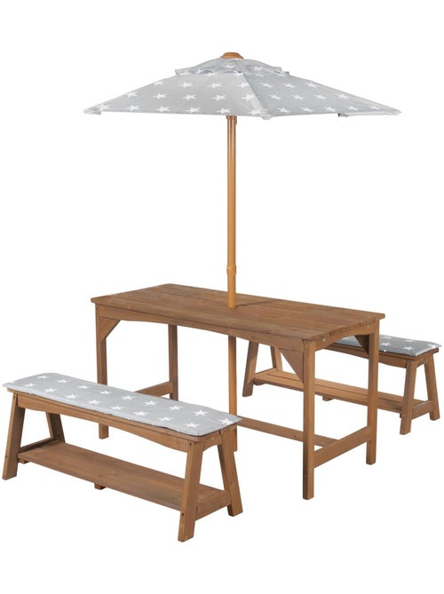 Table et bancs de jardin pour enfants avec parasol et 2 coussins 'Roba outdoor+' - Kiabi