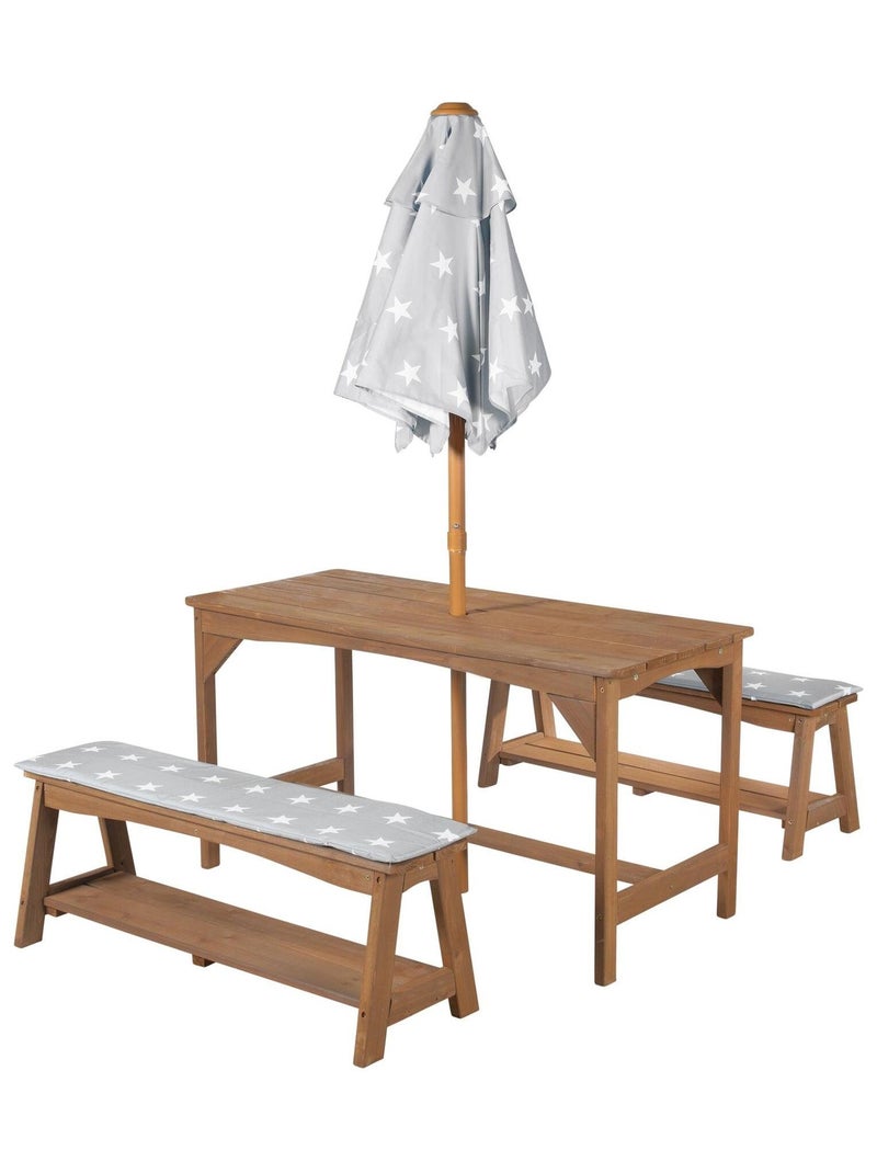 Table et bancs de jardin pour enfants avec parasol et 2 coussins 'Roba outdoor+' Marron - Kiabi