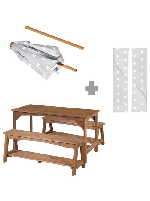 Table et bancs de jardin pour enfants avec parasol et 2 coussins 'Roba outdoor+' - Kiabi