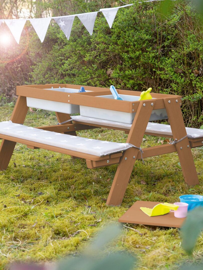 Table sable et eau en bois massif résistant avec 2 coussins - 4 Places ...