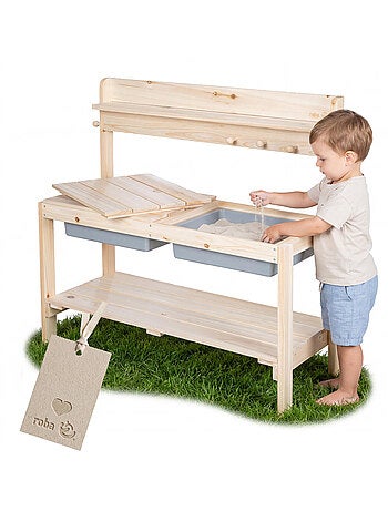 Table sable et eau pour enfants - FUN - Cuisine avec 2 bacs de jeu - Bois massif - Naturel