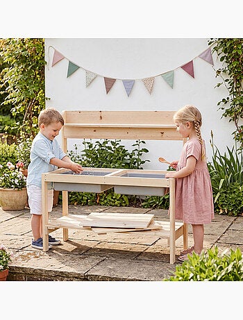 Table sable et eau pour enfants - FUN - Cuisine avec 2 bacs de jeu - Bois massif - Naturel