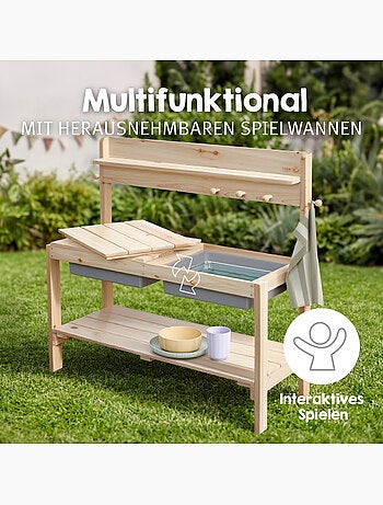 Table sable et eau pour enfants - FUN - Cuisine avec 2 bacs de jeu - Bois massif - Naturel