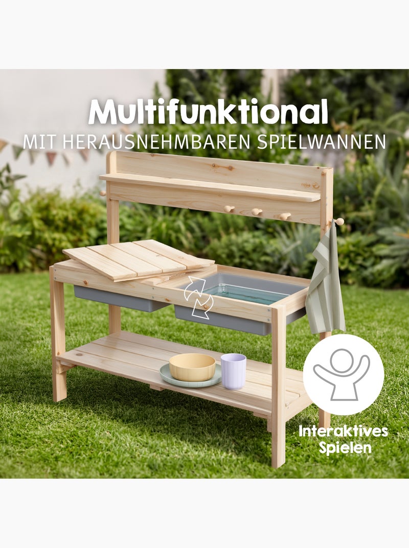 Table sable et eau pour enfants - FUN - Cuisine avec 2 bacs de jeu - Bois massif - Naturel Bois naturel - Kiabi
