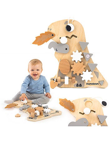 Tableau busy board bois dinosaure 10en1 25x30cm sensoriel montessori mamabrum