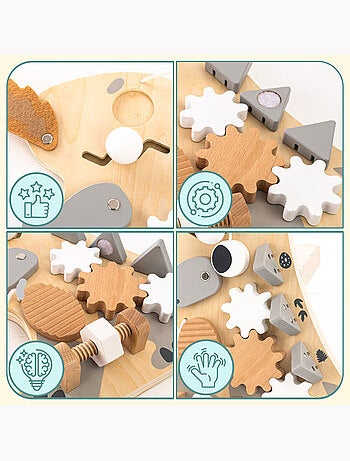 Tableau busy board bois dinosaure 10en1 25x30cm sensoriel montessori mamabrum
