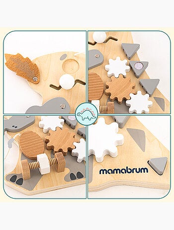Tableau busy board bois dinosaure 10en1 25x30cm sensoriel montessori mamabrum
