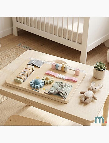 Tableau busy board bois ferme 30x24cm 6 activites engrenages poignee mamabrum