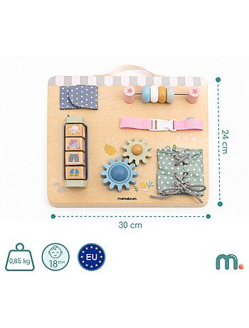 Tableau busy board bois ferme 30x24cm 6 activites engrenages poignee mamabrum