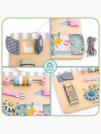 Tableau busy board bois ferme 30x24cm 6 activites engrenages poignee mamabrum