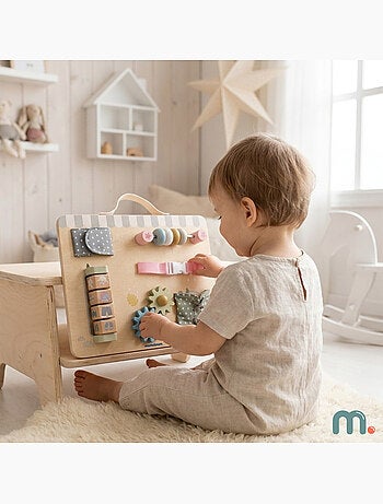Tableau busy board bois ferme 30x24cm 6 activites engrenages poignee mamabrum