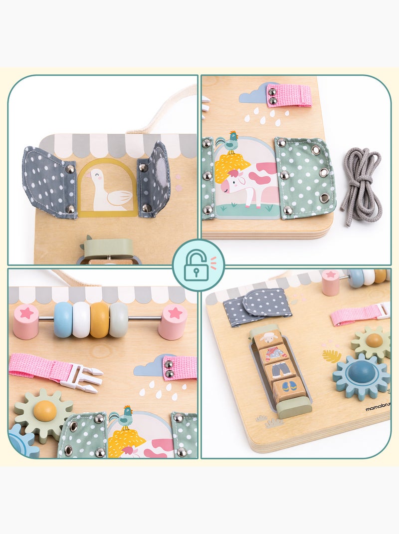 Tableau busy board bois ferme 30x24cm 6 activites engrenages poignee mamabrum N/A - Kiabi