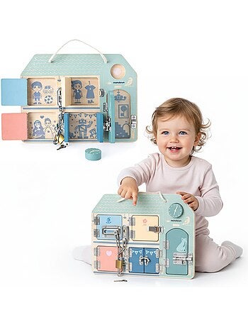 Tableau busy board bois maison 30x22cm 5 serrures cadenas horloge mamabrum