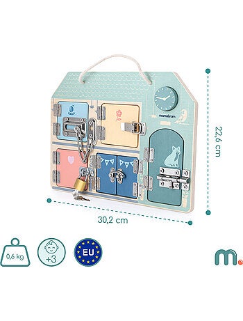 Tableau busy board bois maison 30x22cm 5 serrures cadenas horloge mamabrum