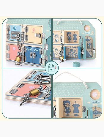 Tableau busy board bois maison 30x22cm 5 serrures cadenas horloge mamabrum