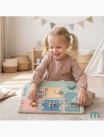 Tableau busy board bois maison 30x22cm 5 serrures cadenas horloge mamabrum