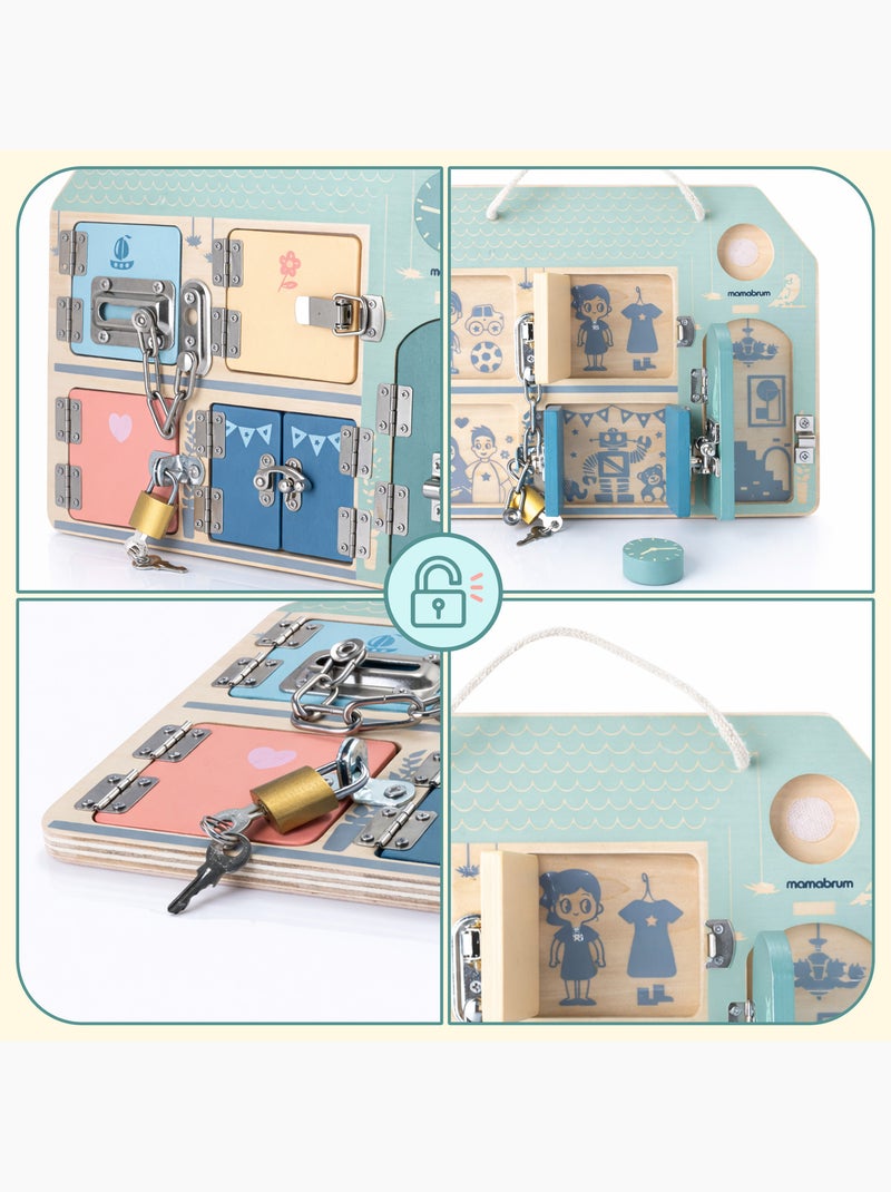 Tableau busy board bois maison 30x22cm 5 serrures cadenas horloge mamabrum N/A - Kiabi